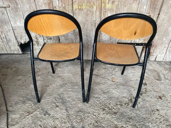 Illustration numéro 3 du produit Paire chaise ancienne écolier style mullca métal noir + bois vintage #