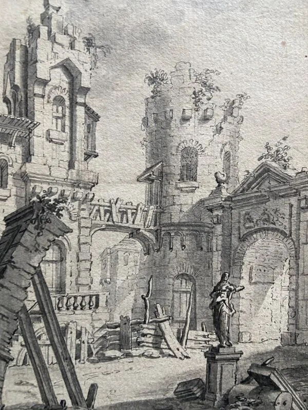 Illustration numéro 3 du produit Ecole française du XVIIIe siècle, Cour d'un palais en ruine, dessin à la plume