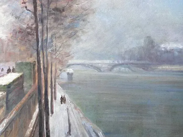 Illustration numéro 3 du produit Tableau hst ''quai de seine, paris en hiver'' école h. a. schaeffer - g.m. + cadre
