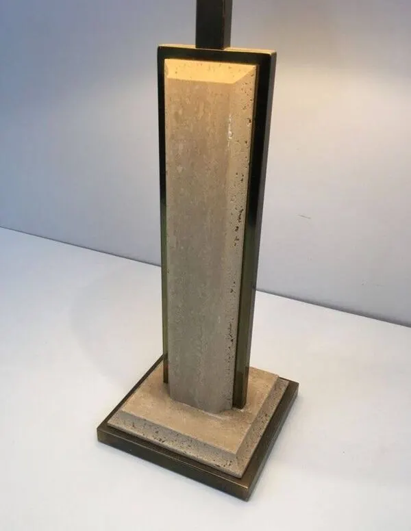 Illustration numéro 3 du produit Lampe de Table en Travertin et Chrome Doré, Travail Français, vers 1970