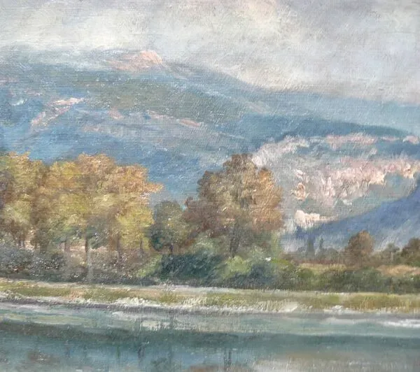 Illustration numéro 3 du produit Tableau de J.Girard-Condamin, école lyonnaise, ''Les berges du Rhône et les montagnes du Bugey