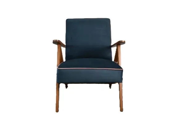 Illustration numéro 3 du produit Chaise compas restaurée, tissu jaune canari, fil rose, teck, 1960