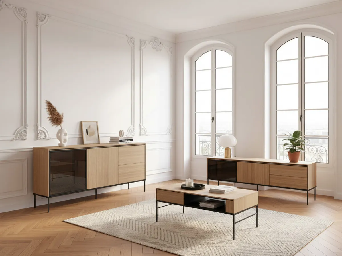 Illustration numéro 4 du produit Ensemble VERONA avec buffet 167 cm + meuble TV 167 cm + table basse effet chêne et verre fumé avec LEDS    BOBOCHIC