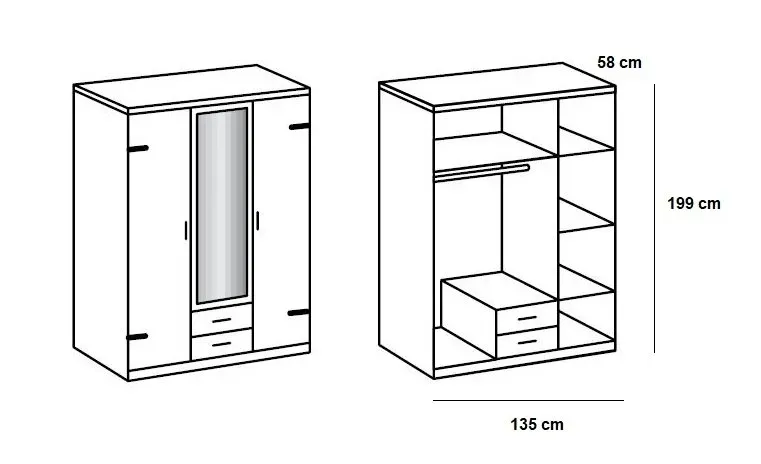 Illustration numéro 4 du produit Armoire GALWAY style industriel 135 cm 3 portes 2 tiroirs chêne poutre