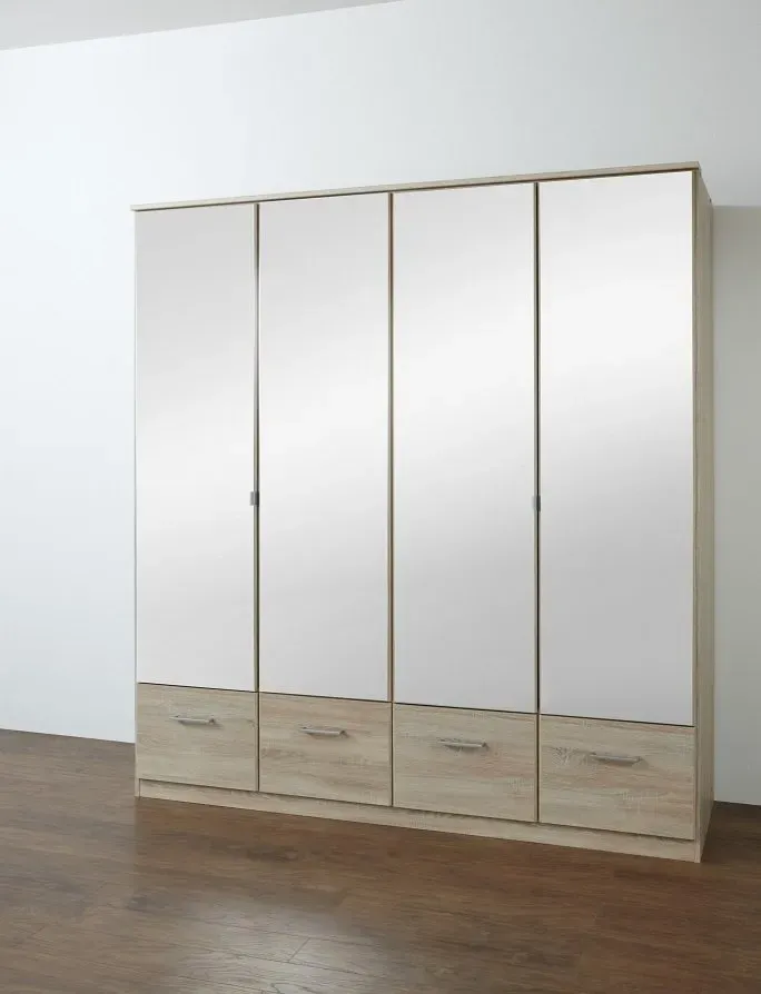 Illustration numéro 4 du produit Armoire penderie DINGLE 4 portes miroirs 4 tiroirs largeur 179 chêne