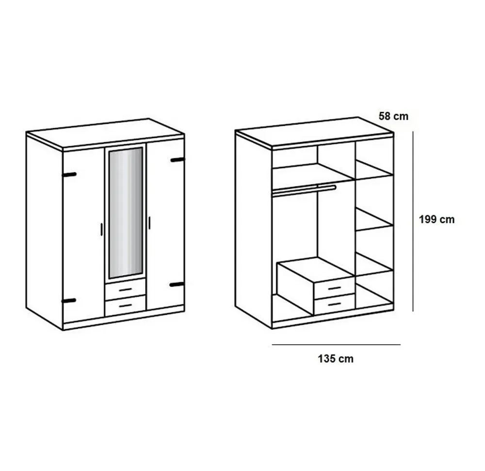 Illustration numéro 4 du produit Armoire LISBURN style industriel 135 cm 3 portes 2 tiroirs chêne poutre graphite