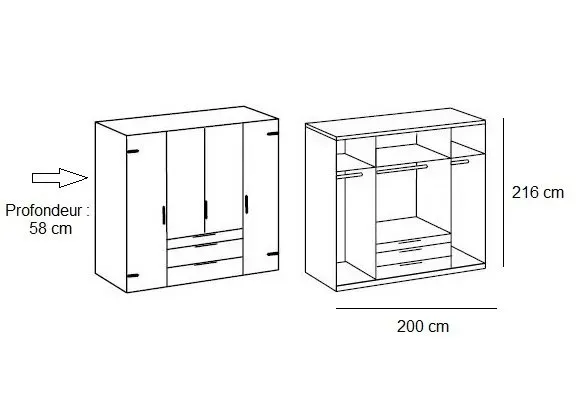 Illustration numéro 4 du produit Armoire PORTLAND style industriel 200 cm 4 portes chêne poutre graphite