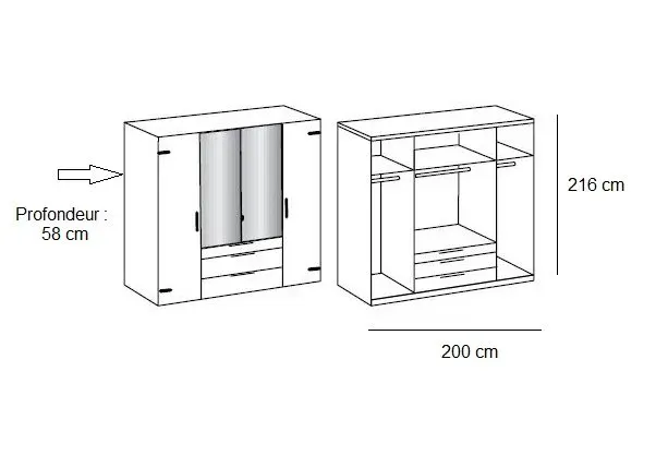 Illustration numéro 4 du produit Armoire PORTLAND style industriel 200 cm 4 portes 2 miroirs chêne poutre graphite
