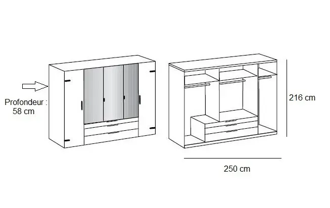 Illustration numéro 4 du produit Armoire PORTLAND style industriel 250 cm 5 portes 3 miroirs chêne poutre / graphite