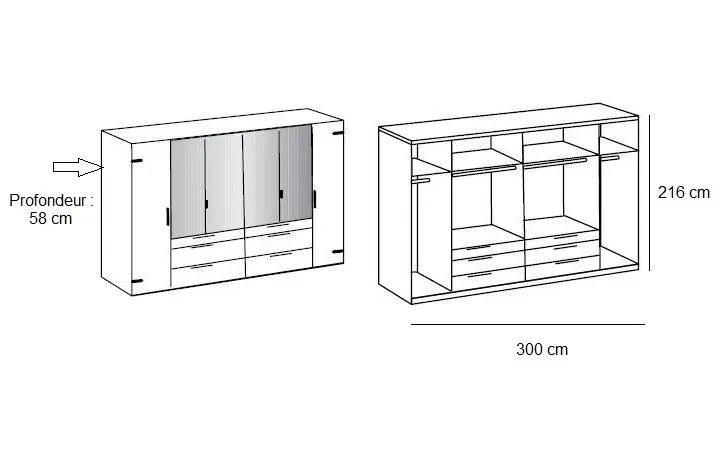 Illustration numéro 4 du produit Armoire PORTLAND style industriel 300 cm 6 portes 4 miroirs chêne poutre graphite