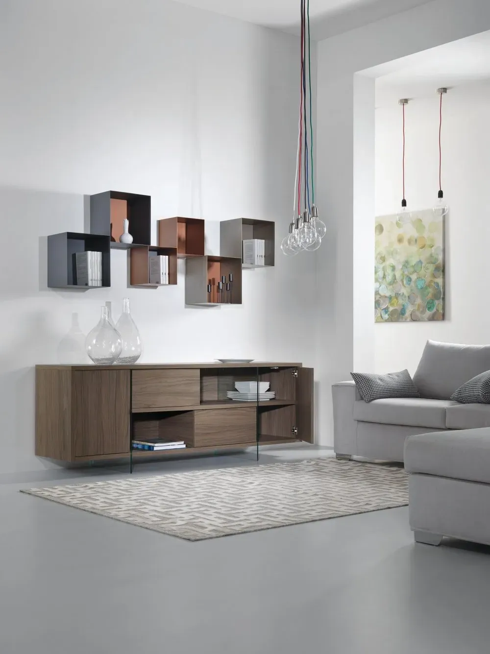 Illustration numéro 4 du produit Buffet/Meuble TV design MADY 180cm Noyer portes coulissantes et piètement en verre