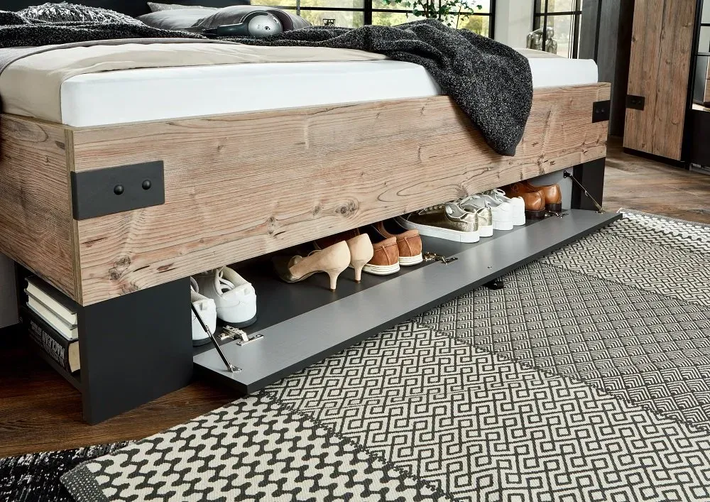 Illustration numéro 4 du produit Lit 160 x 200 cm STOKE tête de lit rembourré  tiroirs compartiment abattants sapin argenté graphite