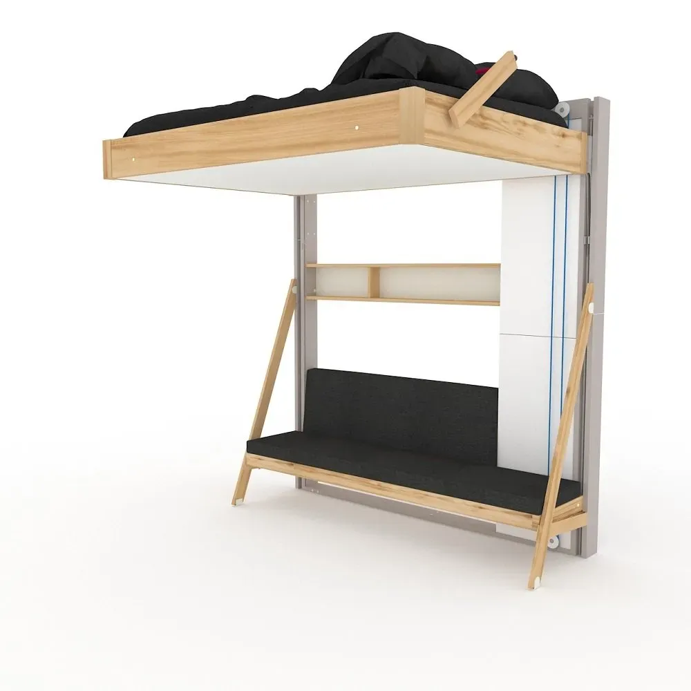 Illustration numéro 4 du produit Lit escamotable au plafond JUNO canapé étagère horizontal 140*200 cm pin encadrement cachemire tissu anthracite