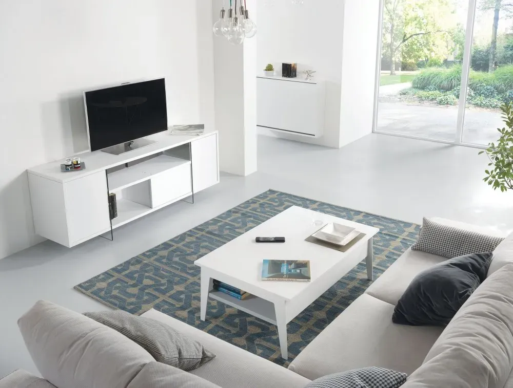 Illustration numéro 4 du produit Meuble TV design MARCO POLO 180cm Blanc Mat  portes coulissantes et piètement en verre