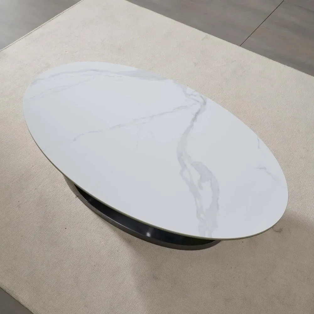 Illustration numéro 4 du produit Table basse design SPHERE BLACK NICKEL 120 base métal noir plateau marbre blanc