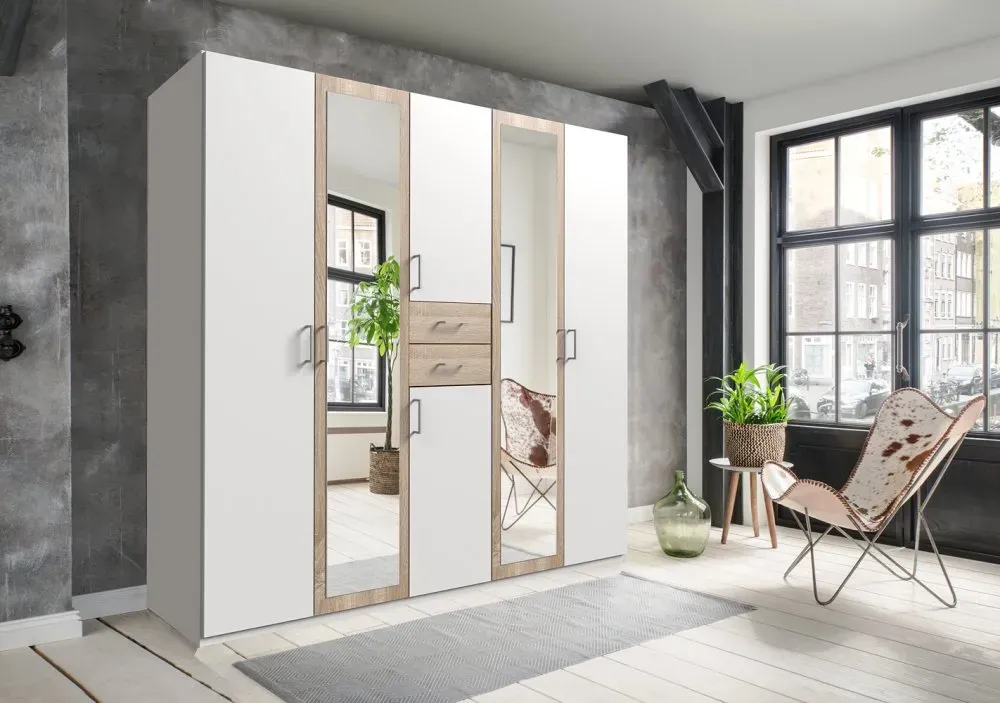Illustration numéro 4 du produit Armoire 4 portes blancs 2 portes miroirs DIVER 225 cm 2 tiroirs chênes