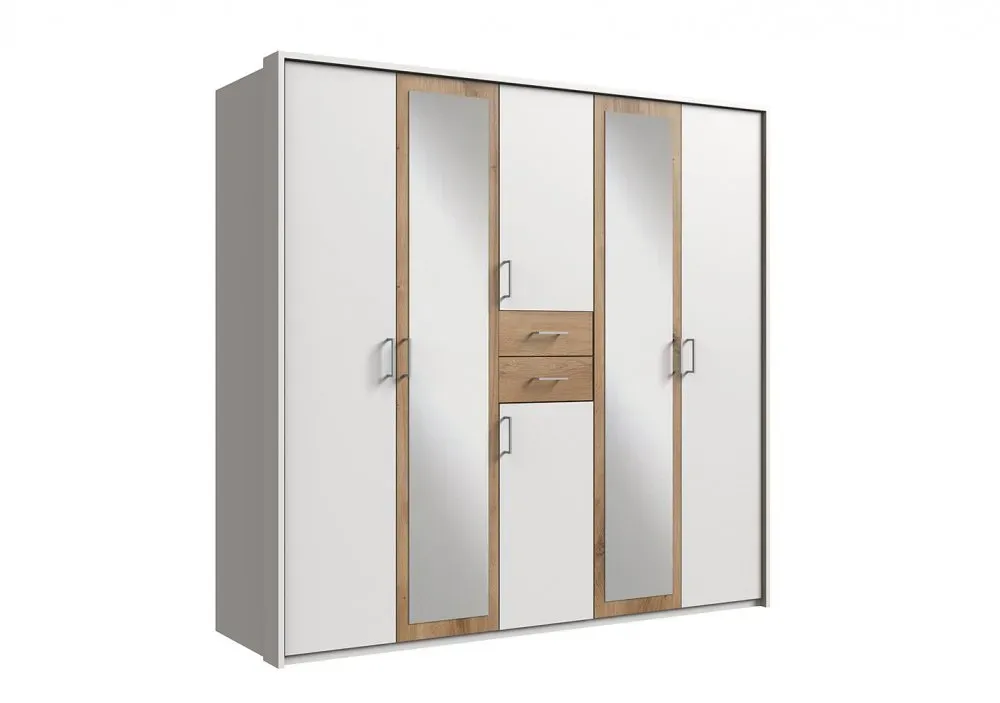 Illustration numéro 4 du produit Armoire 4 portes blancs 2 portes miroirs DIVER 225 cm 2 tiroirs chênes poutres