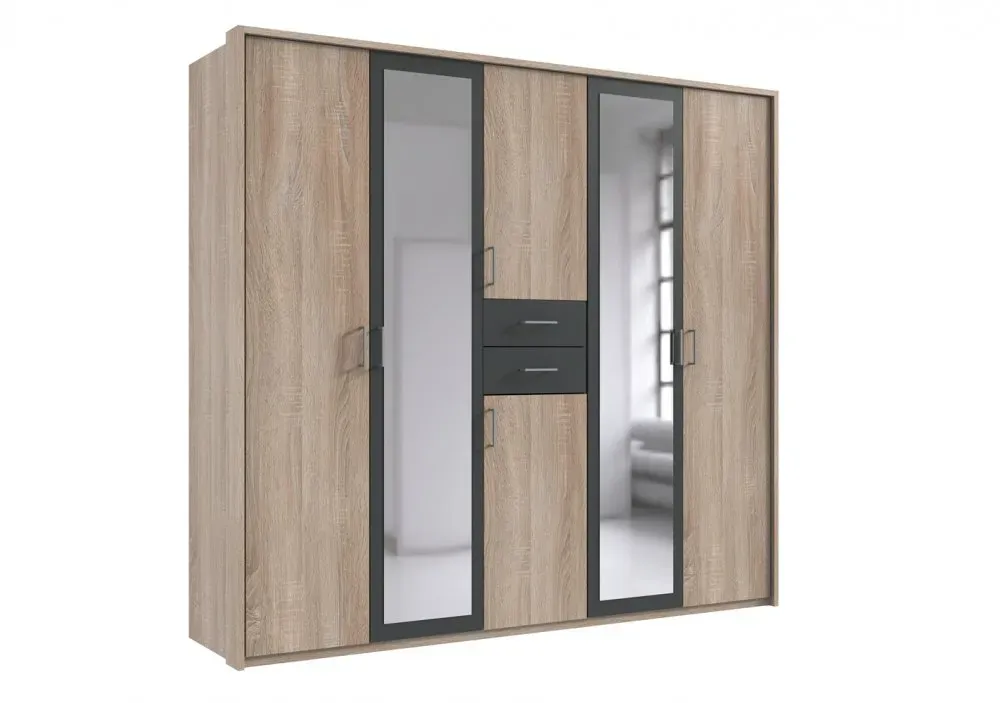 Illustration numéro 4 du produit Armoire 4 portes chênes 2 portes miroirs DIVER 225 cm 2 tiroirs graphites
