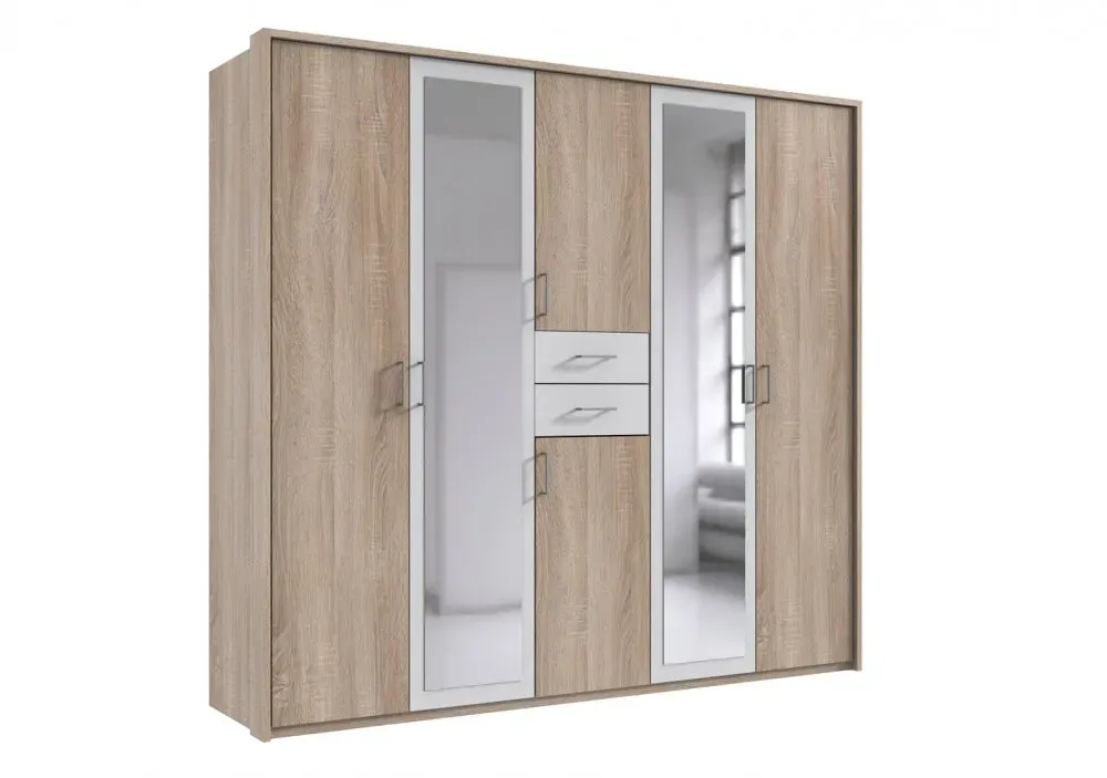 Illustration numéro 4 du produit Armoire 4 portes chênes 2 portes miroirs DIVER 225 cm 2 tiroirs blancs