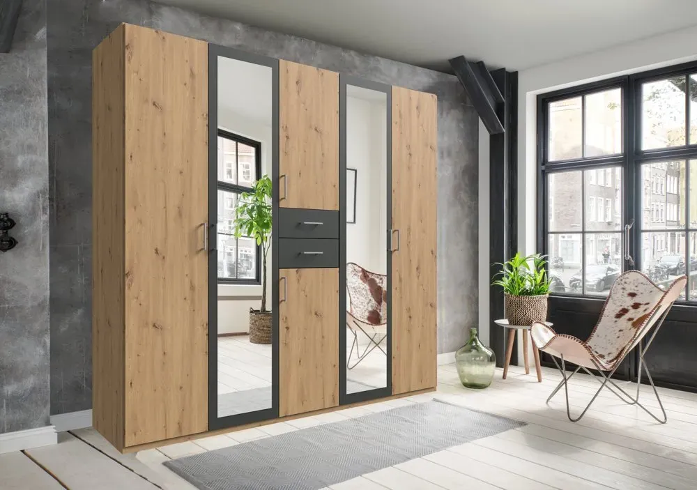 Illustration numéro 4 du produit Armoire 4 portes chênes artisans 2 portes miroirs DIVER 225 cm 2 tiroirs graphites