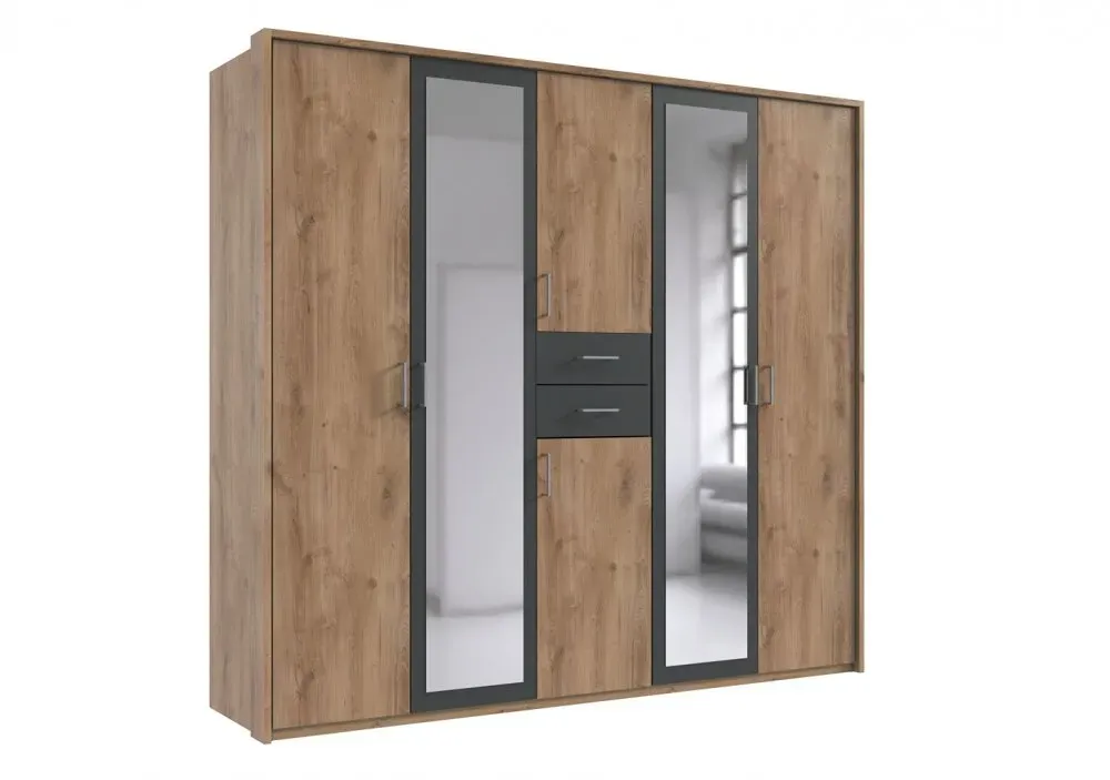 Illustration numéro 4 du produit Armoire 4 portes chênes poutres 2 portes miroirs DIVER 225 cm 2 tiroirs graphites