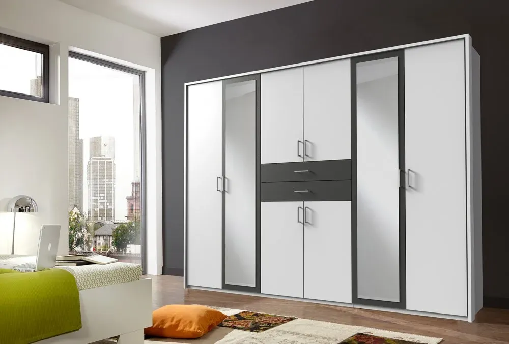 Illustration numéro 4 du produit Armoire 6 portes blancs 2 portes miroirs DIVER 270 cm 2 tiroirs graphites