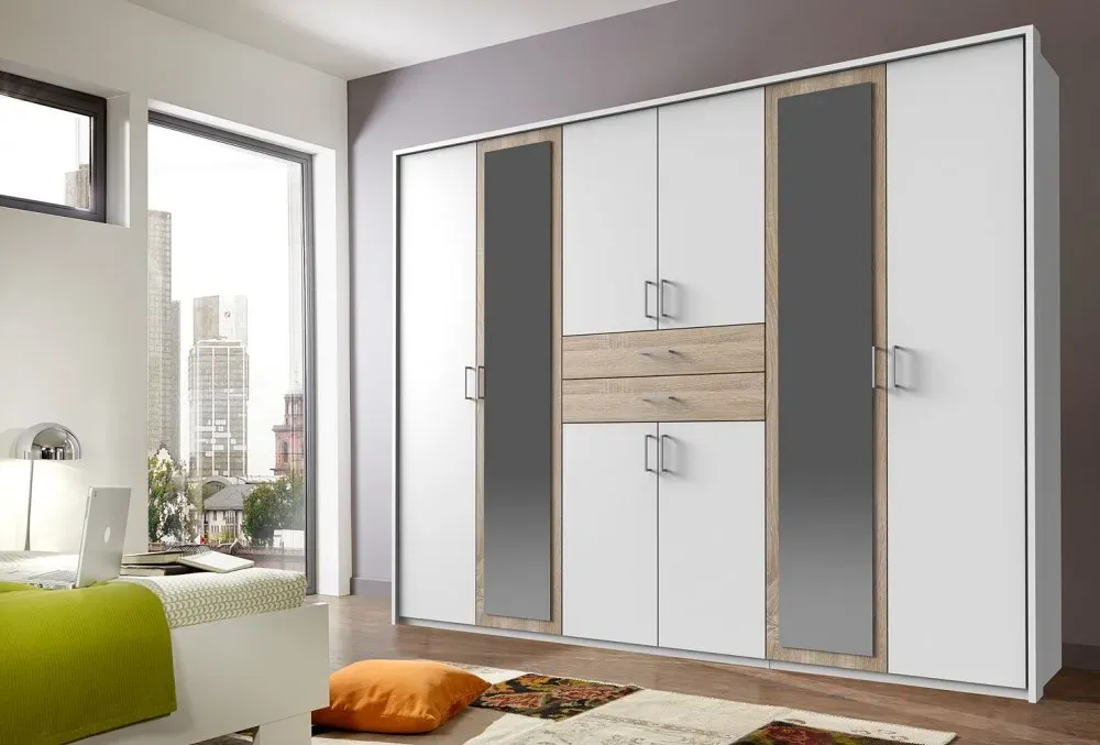 Illustration numéro 4 du produit Armoire 6 portes blancs 2 portes miroirs DIVER 270 cm 2 tiroirs chênes