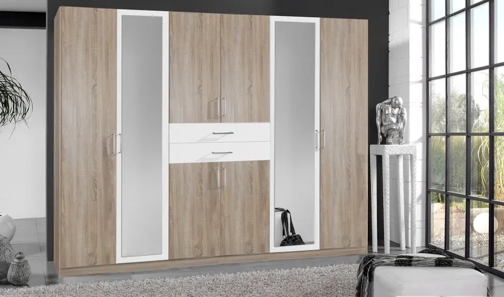 Illustration numéro 4 du produit Armoire 6 portes chênes 2 portes miroirs DIVER 270 cm 2 tiroirs blancs