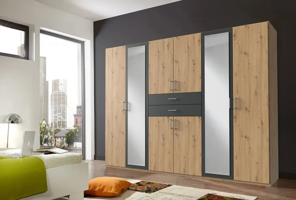 Illustration numéro 4 du produit Armoire 6 portes chênes artisans 2 portes miroirs DIVER 270 cm 2 tiroirs graphites