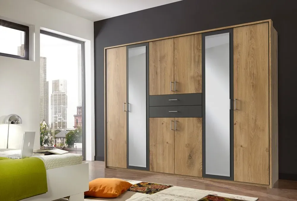 Illustration numéro 4 du produit Armoire 6 portes chênes poutres 2 portes miroirs DIVER 270 cm 2 tiroirs graphites