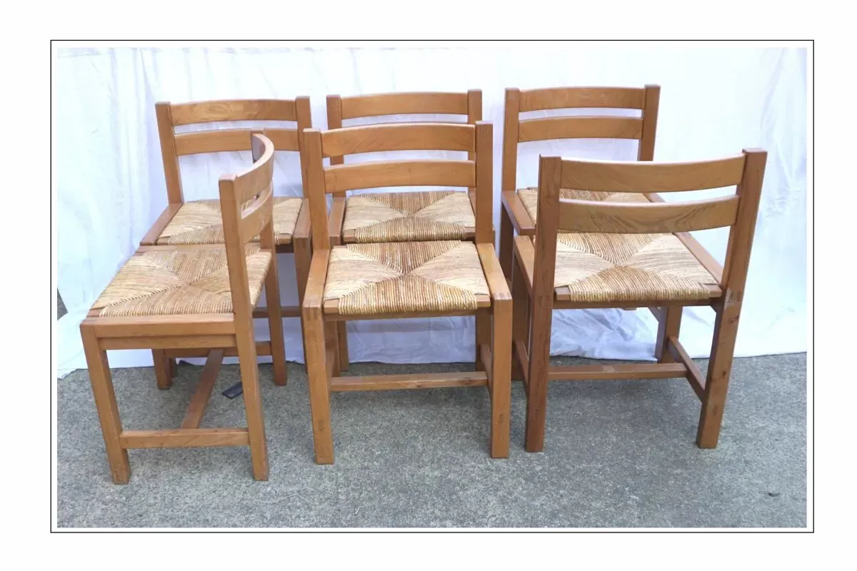 Illustration numéro 4 du produit Suite de 6 chaises en orme et paille Maison Regain