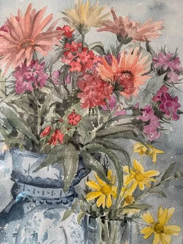 Illustration numéro 4 du produit Aquarelle ancienne signée Jany. F. Millet (1926-1992), bouquet de fleurs sous verre encadré, 1950
