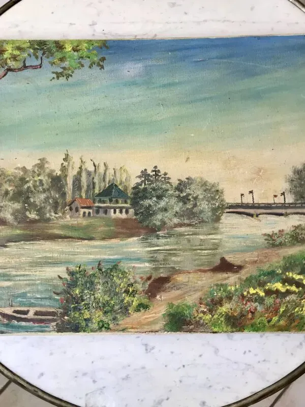 Illustration numéro 4 du produit Tableau huile sur toile paysage rivière pont de bellerive signé ''morand'' vinage