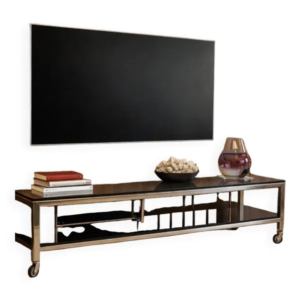 Illustration numéro 4 du produit Table basse design vintage chrome et verre fumé noir sur roulettes