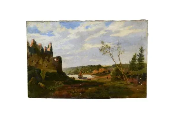 Illustration numéro 4 du produit Ancien tableau ecole française pastorale bateau