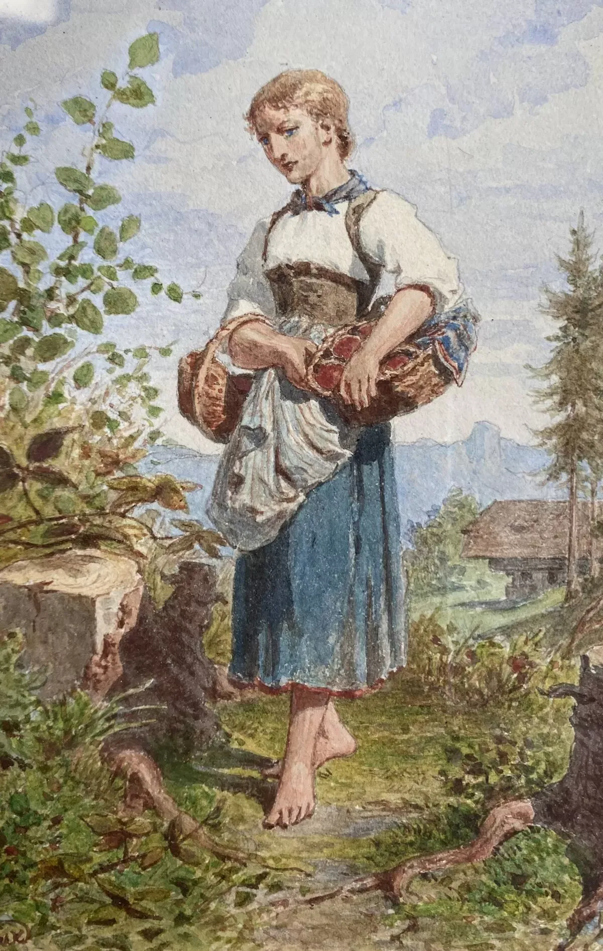 Illustration numéro 4 du produit Tableau Aquarelle ''Jeune femme au panier'' Gustave Roux (1828-1885)