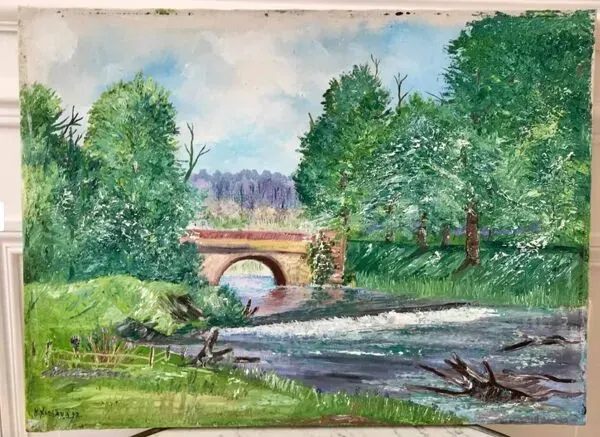 Illustration numéro 4 du produit Tableau huile sur toile paysage rivière signé vintage