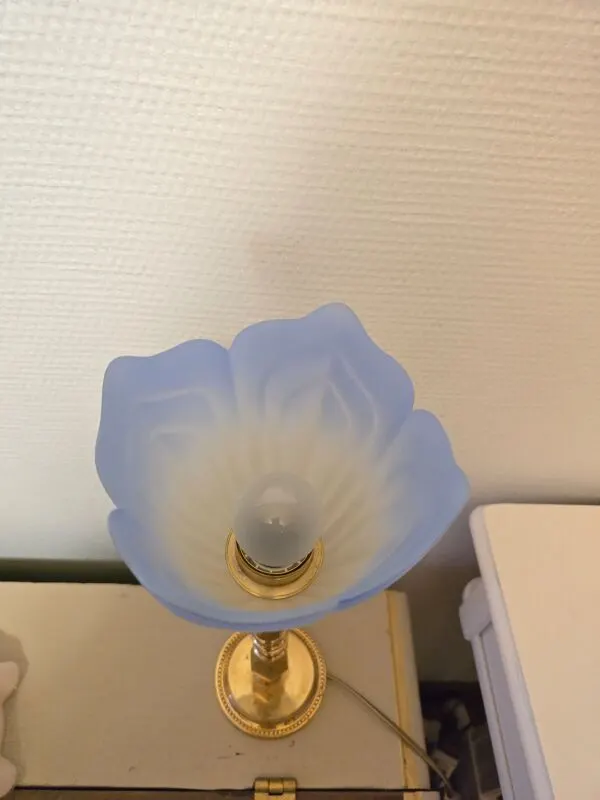 Illustration numéro 4 du produit Lampe à poser bleu doré laiton et tulipe opaline Art nouveau