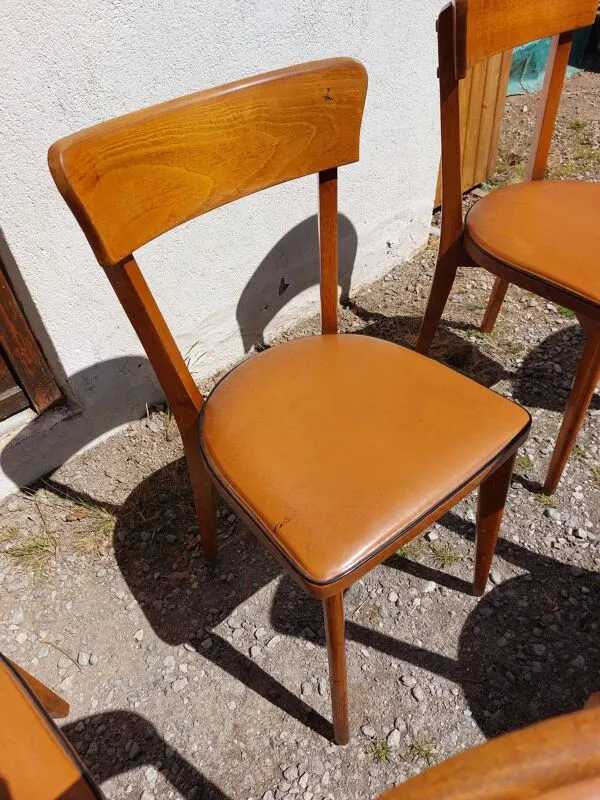 Illustration numéro 4 du produit 6 chaises bistrot bois et skaï camel, années 60 vintage
