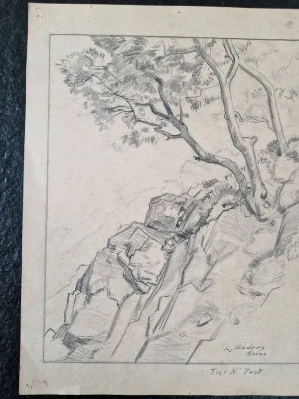 Illustration numéro 4 du produit Louis John Endres (1896-1989) - Dessin au fusain sur papier - Paysage Tizi N'Test, Grand Atlas Maroc