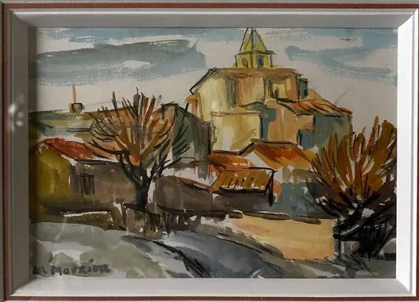 Illustration numéro 4 du produit Aquarelle encadrée Mourier Marguerite ''l'église du village