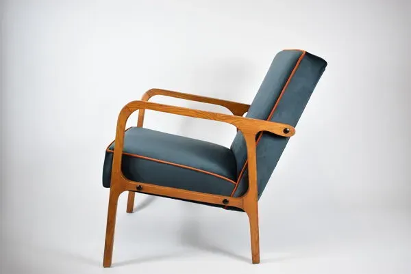 Illustration numéro 4 du produit Fauteuil vintage original velours bleu océan années 1960