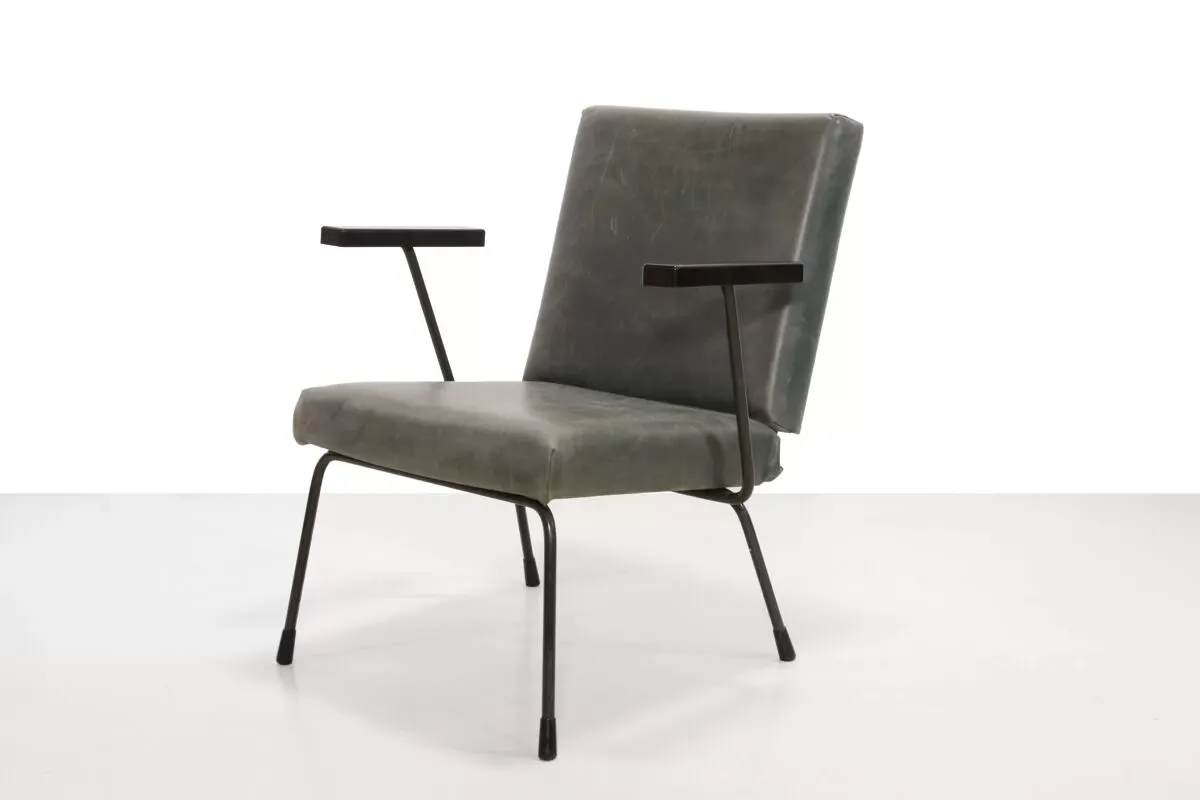 Illustration numéro 4 du produit Fauteuil moderniste néerlandais Gispen 1401 de Wim Rietveld en cuir vert