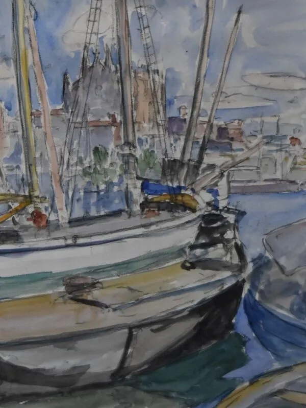 Illustration numéro 4 du produit Ecole Française Du XX° Siècle, Voiliers Dans Le Port De La Palma, Aquarelle