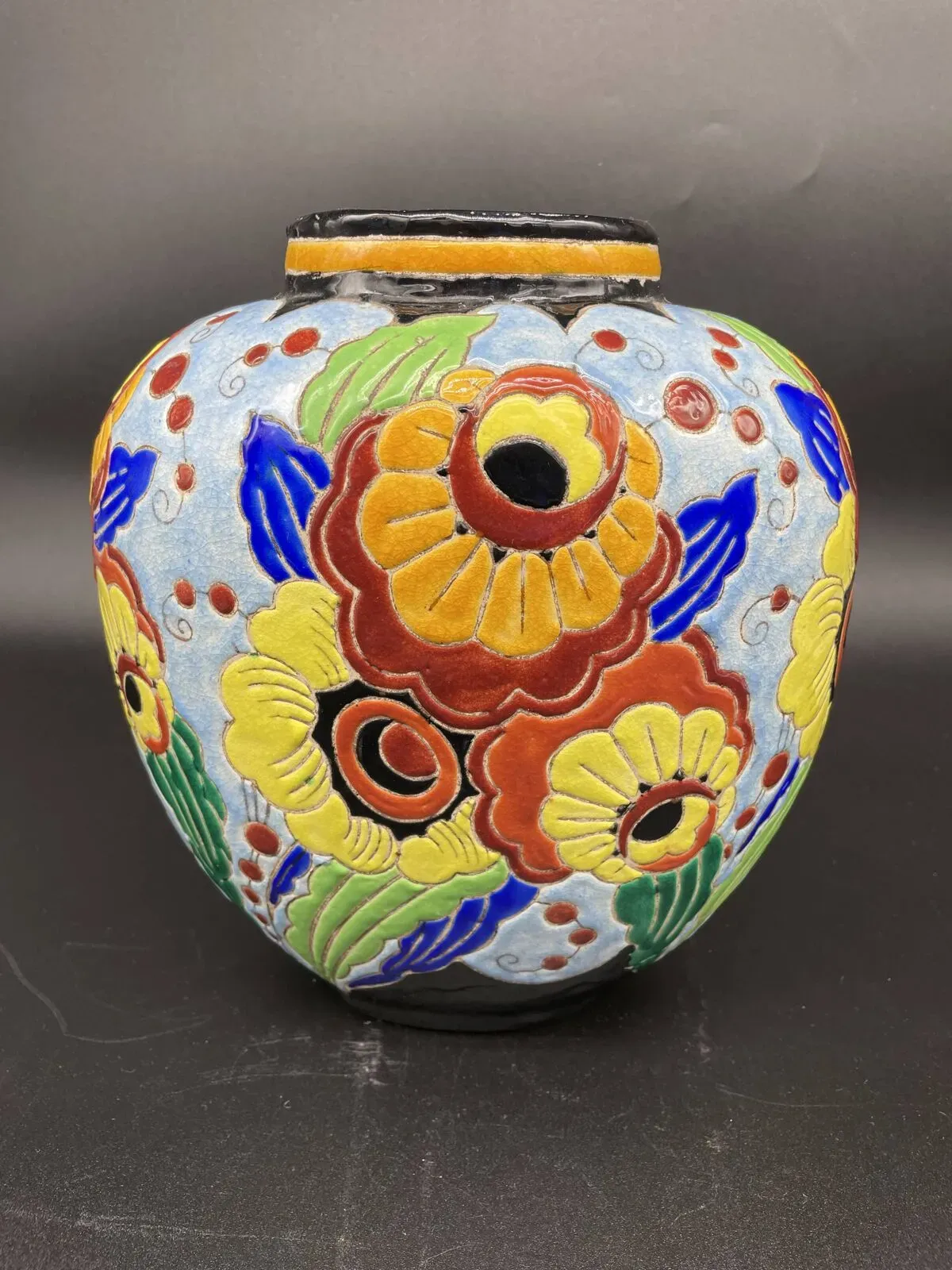 Illustration numéro 4 du produit Vase ovoïde, charles catteau, keramis, époque art deco, faïence fine, décor émaillé floral, vase col