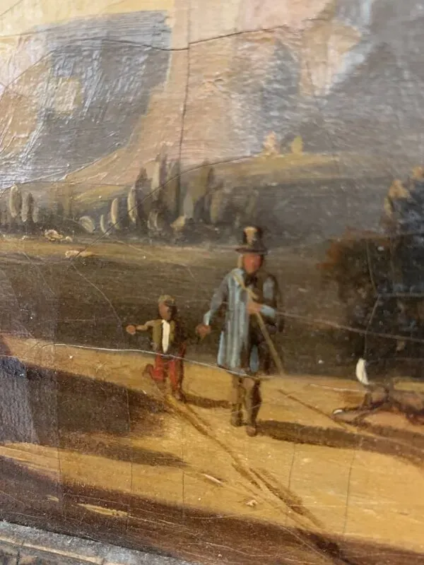 Illustration numéro 4 du produit Huile sur toile ''Paysage animé '' cadre en bois et stuc doré XIX siècle