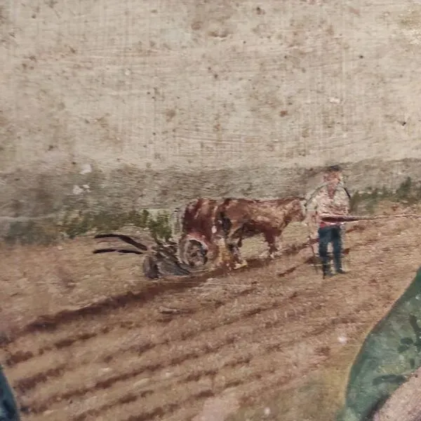 Illustration numéro 4 du produit Français peinture à l'huile vintage, L'Angelus des écoliers, signée D. Ladrens