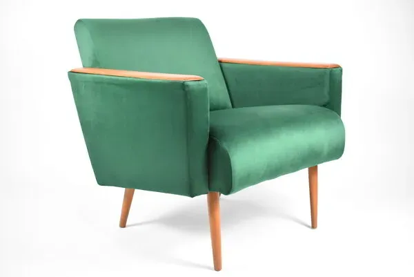 Illustration numéro 4 du produit Fauteuil original vintage, années 1960, restauré, bouteille en velours vert