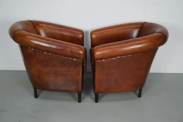 Illustration numéro 4 du produit Fauteuil club vintage hollandais en cuir couleur cognac, lot de 2