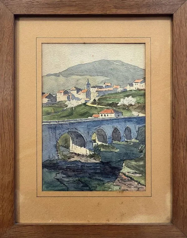 Illustration numéro 4 du produit Tableau Aquarelle Village et aqueduc début XX° signé + cadre